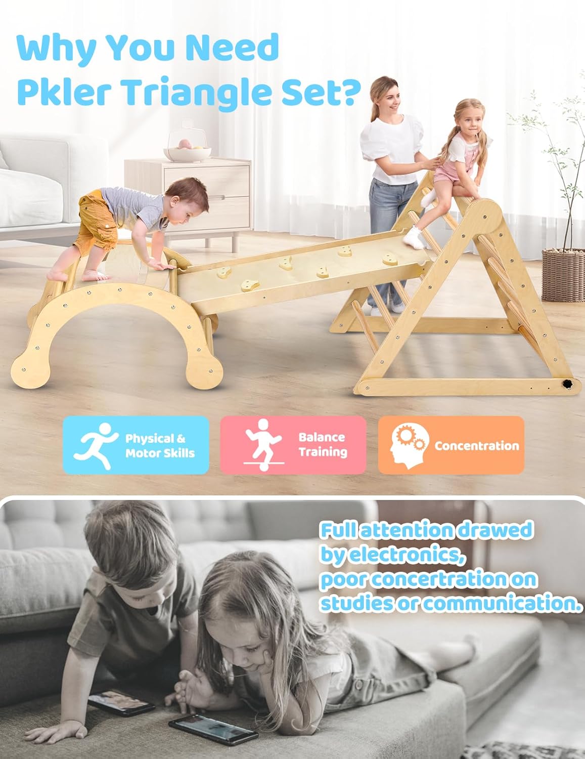 YOLEO 7 in 1 Large Pikler Wooden Montessori Climbing Triangle Set with Various Combinations