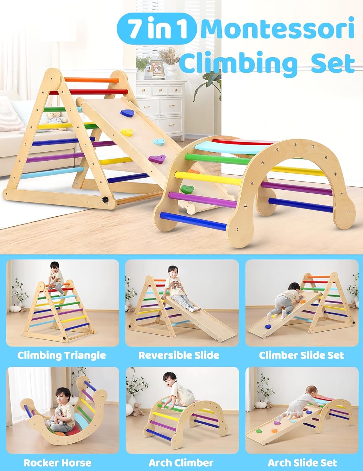 YOLEO 7 in 1 Large Pikler Wooden Montessori Climbing Triangle Set with Various Combinations