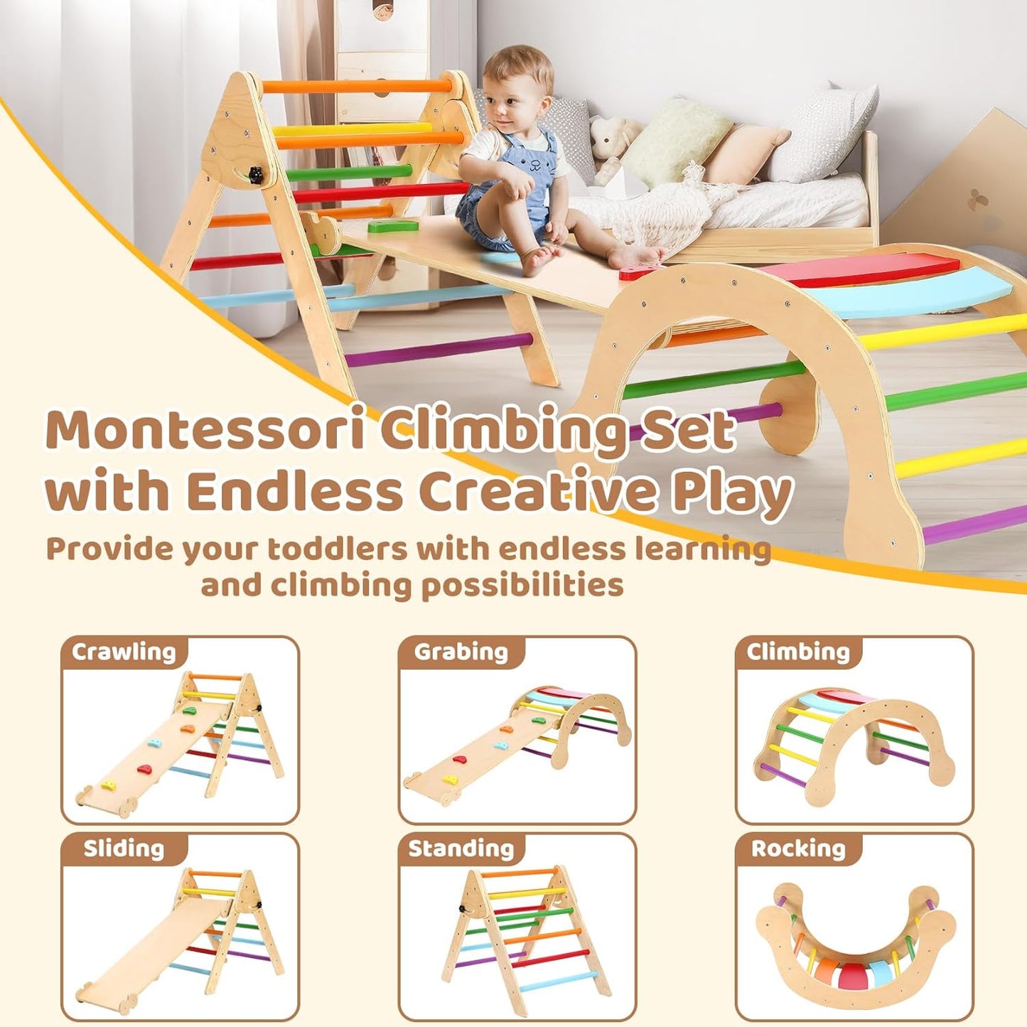 YOLEO 7 in 1 Large Pikler Wooden Montessori Climbing Triangle Set with Various Combinations