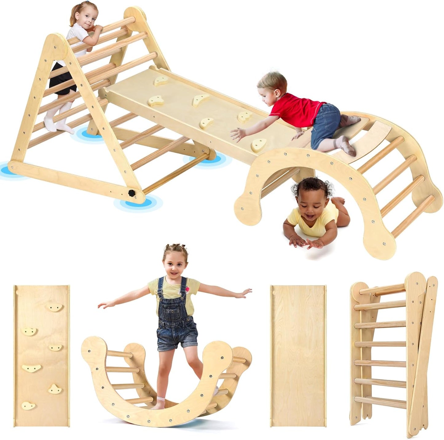 YOLEO 7 in 1 Large Pikler Wooden Montessori Climbing Triangle Set with Various Combinations