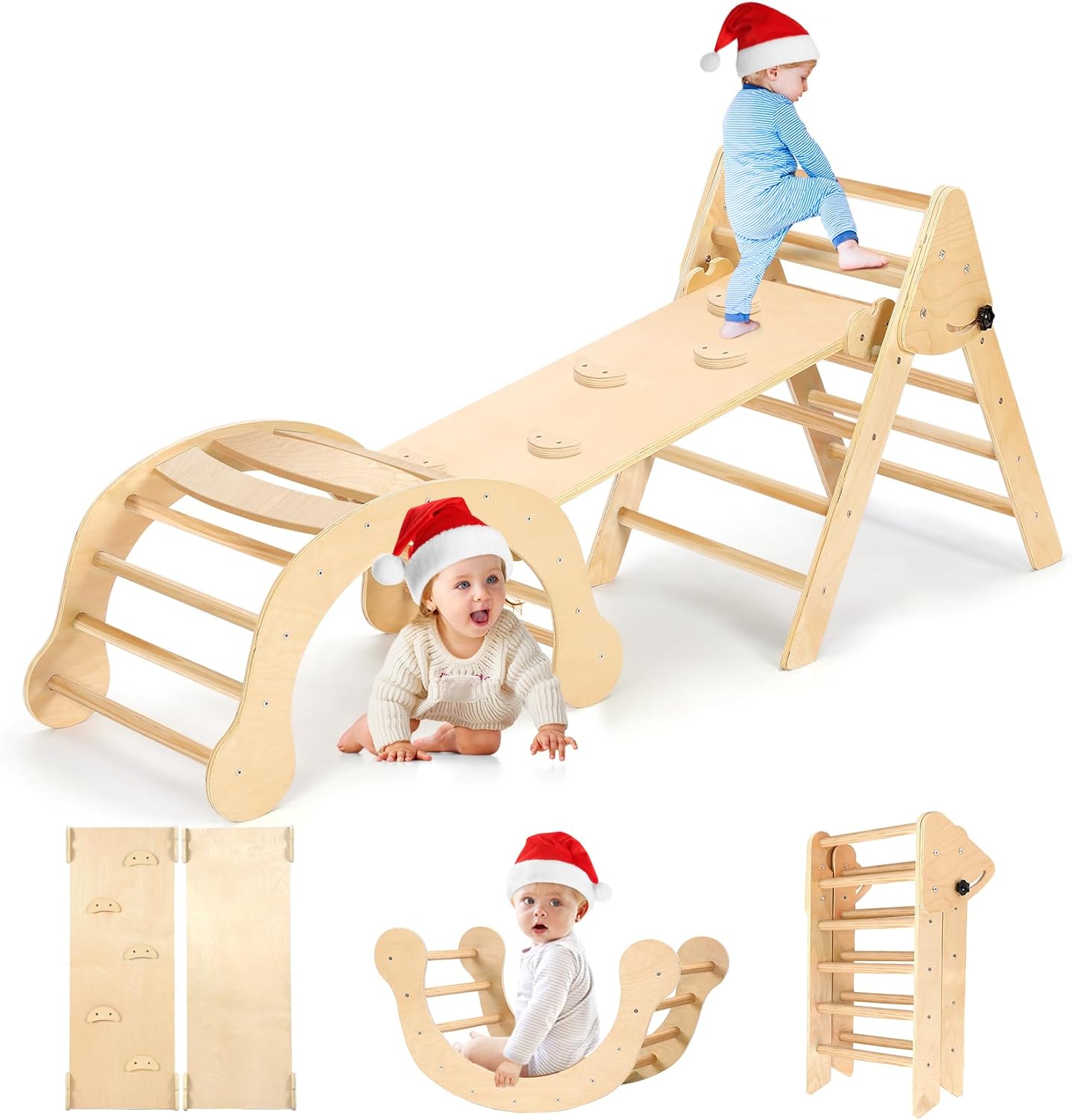 YOLEO 7 in 1 Large Pikler Wooden Montessori Climbing Triangle Set with Various Combinations