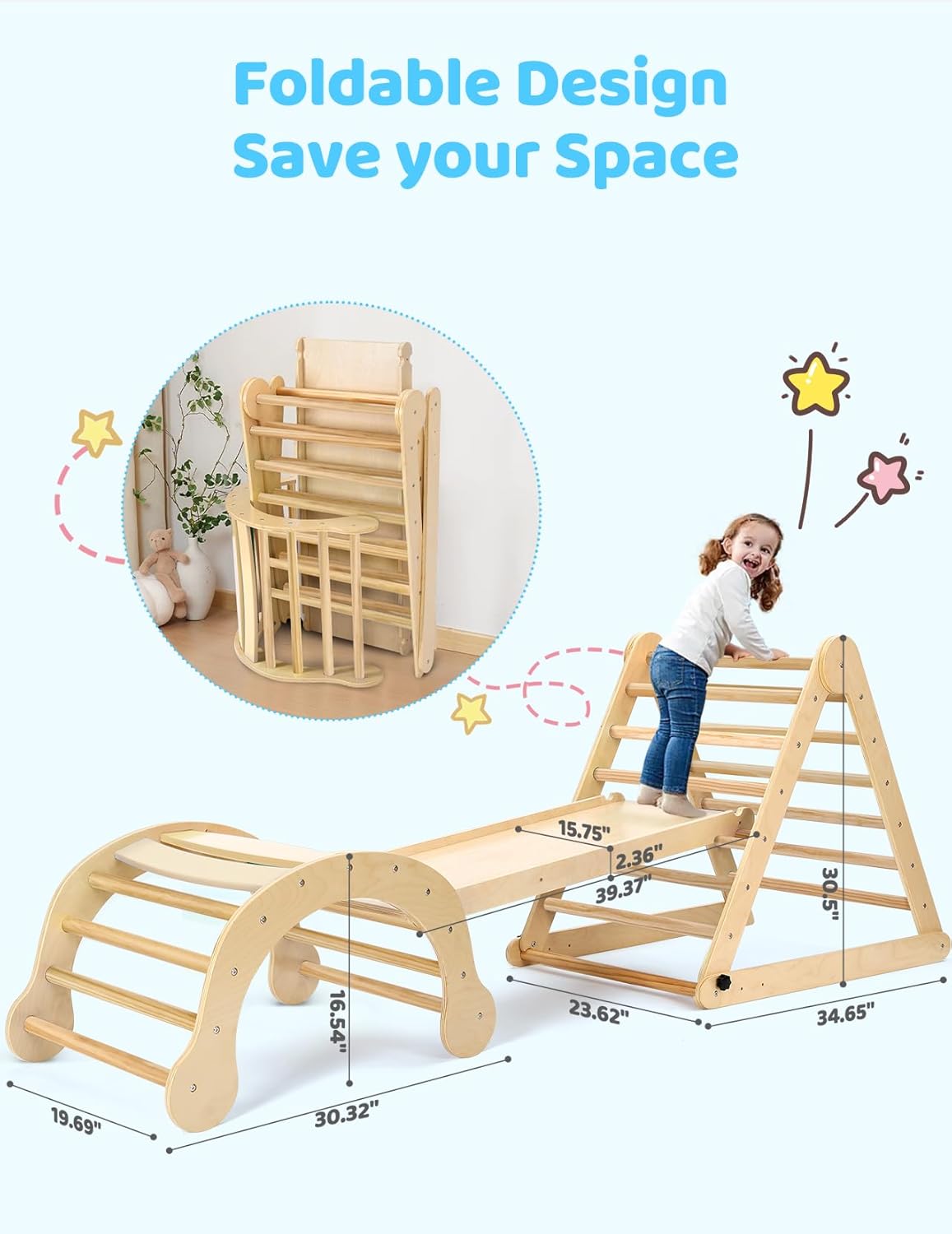 YOLEO 7 in 1 Large Pikler Wooden Montessori Climbing Triangle Set with Various Combinations