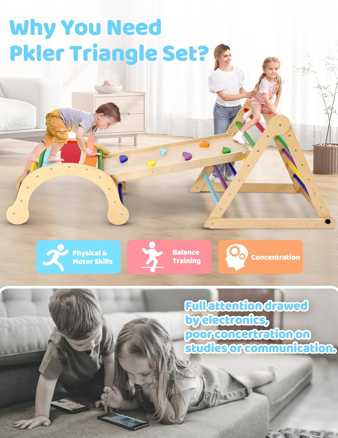 YOLEO 7 in 1 Large Pikler Wooden Montessori Climbing Triangle Set with Various Combinations