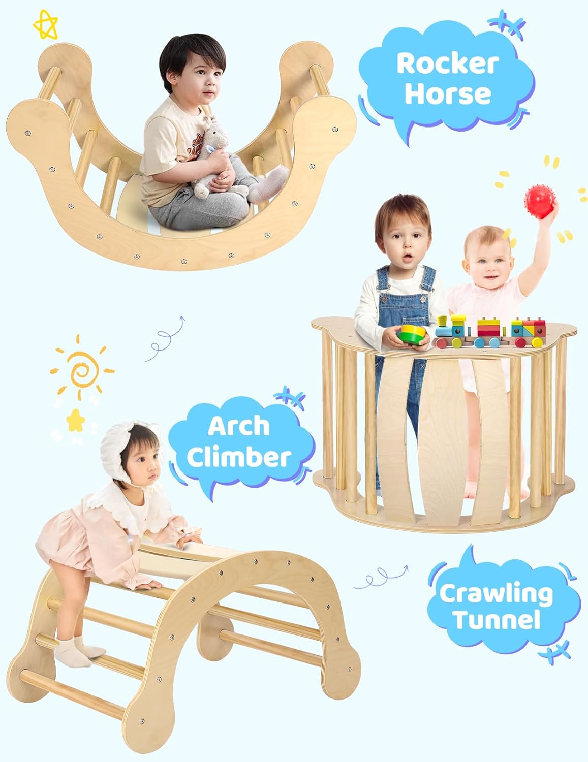 YOLEO 7 in 1 Large Pikler Wooden Montessori Climbing Triangle Set with Various Combinations