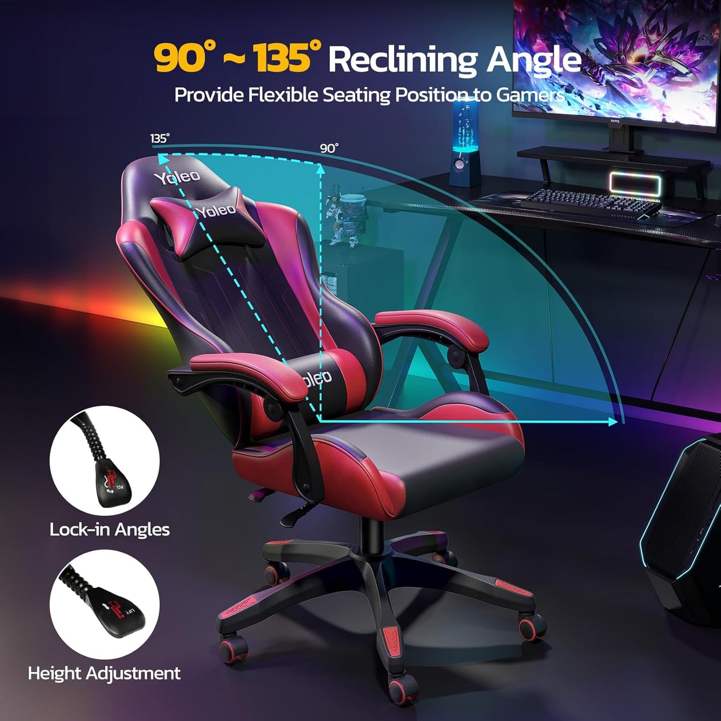 YOLEO Gaming Chair, Ergonomic Computer Chair with Massage Lumbar Support & Padded Armrest