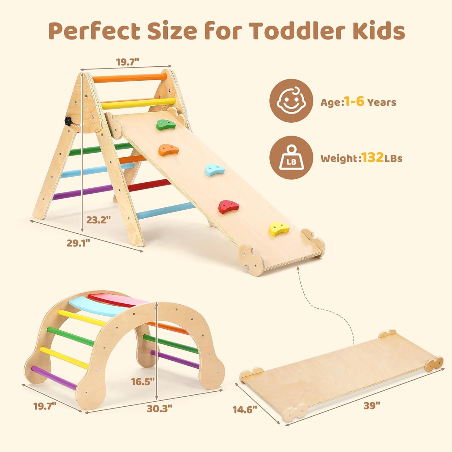 YOLEO 7 in 1 Large Pikler Wooden Montessori Climbing Triangle Set with Various Combinations