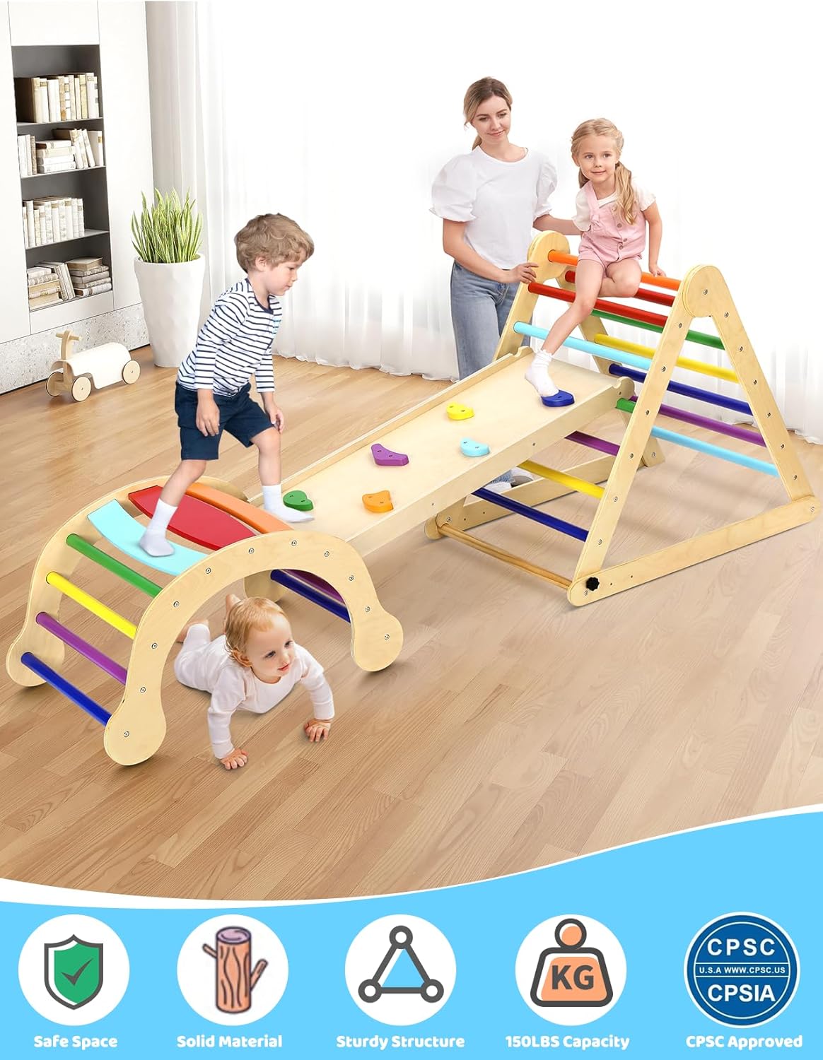 YOLEO 7 in 1 Large Pikler Wooden Montessori Climbing Triangle Set with Various Combinations