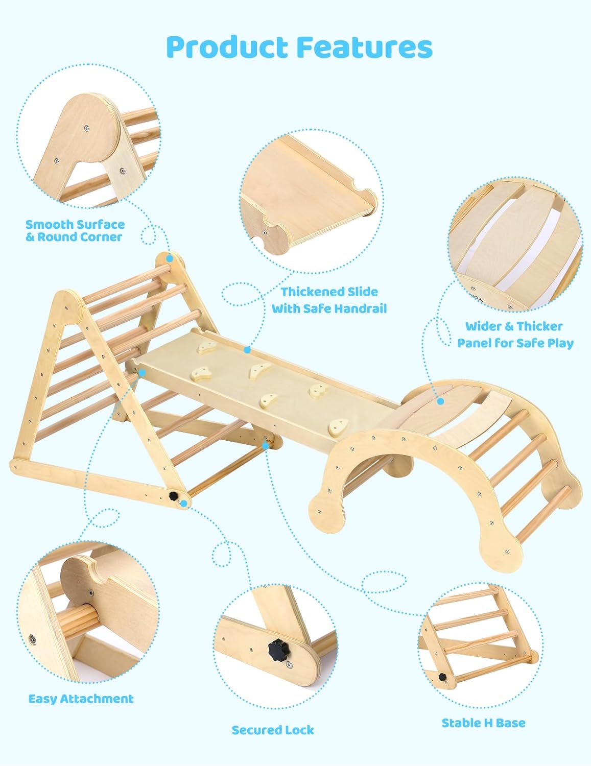 YOLEO 7 in 1 Large Pikler Wooden Montessori Climbing Triangle Set with Various Combinations