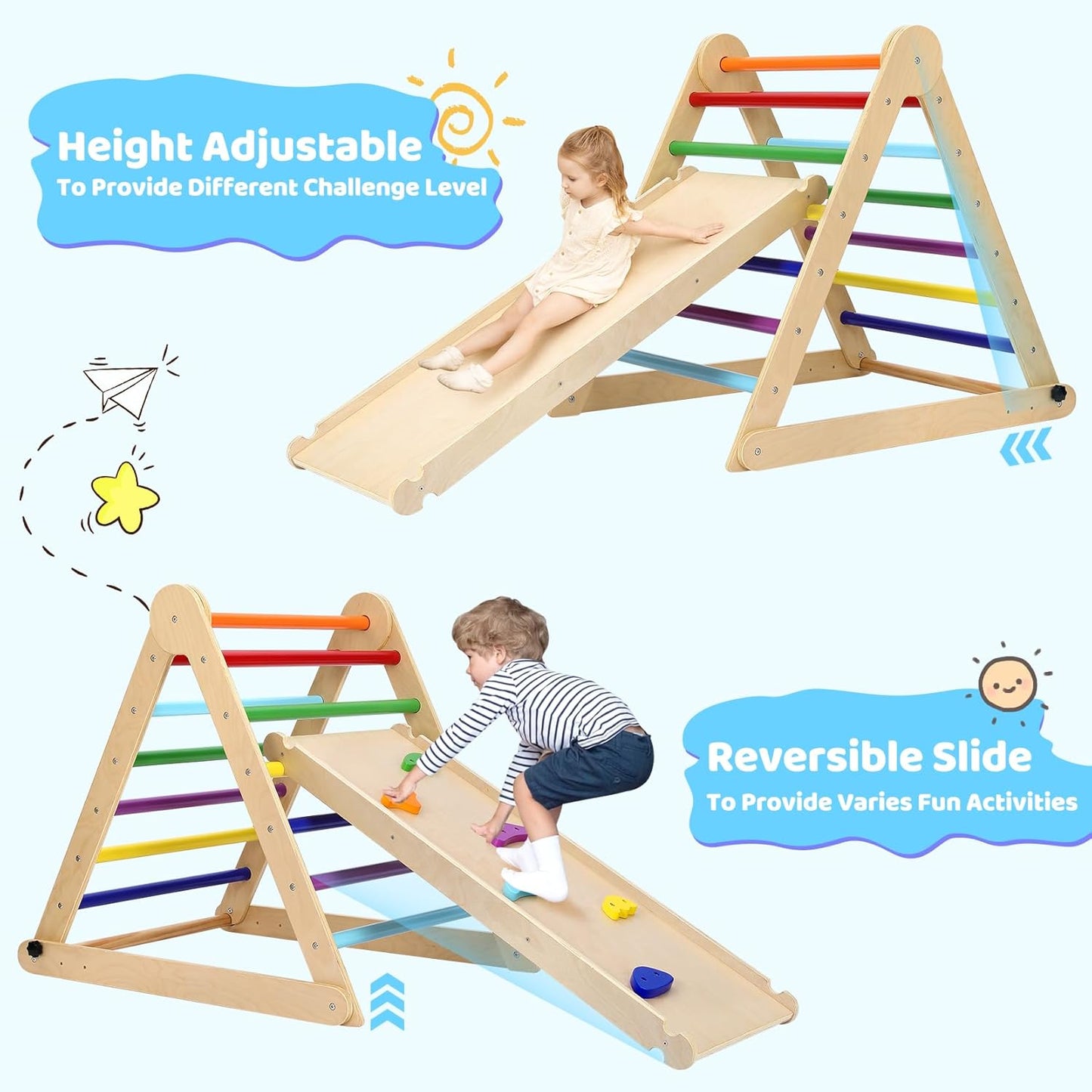 YOLEO 7 in 1 Large Pikler Wooden Montessori Climbing Triangle Set with Various Combinations