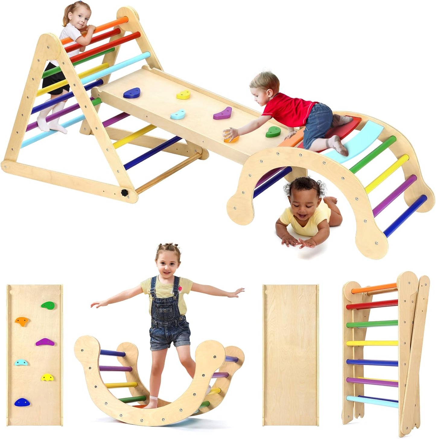 YOLEO 7 in 1 Large Pikler Wooden Montessori Climbing Triangle Set with Various Combinations