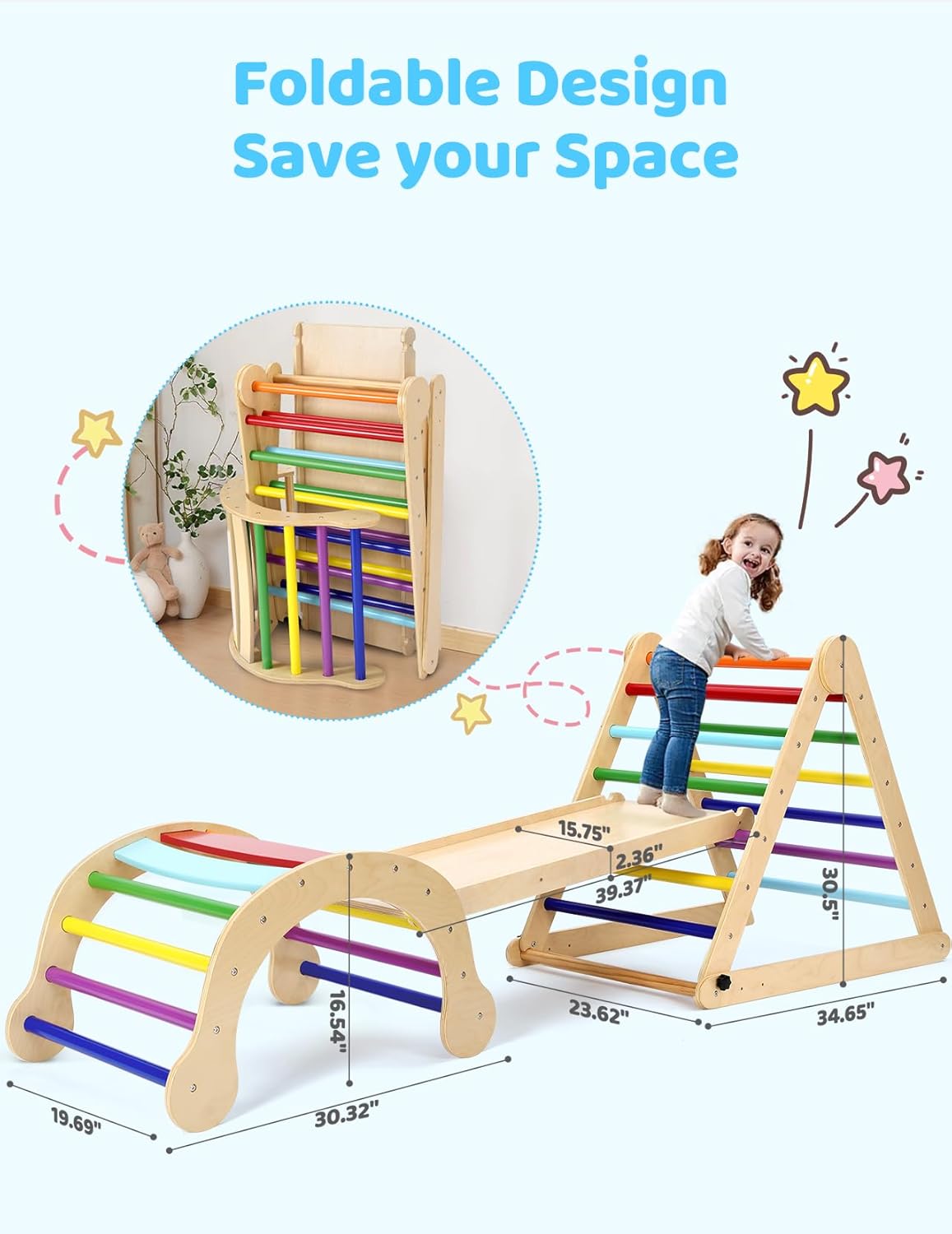 YOLEO 7 in 1 Large Pikler Wooden Montessori Climbing Triangle Set with Various Combinations