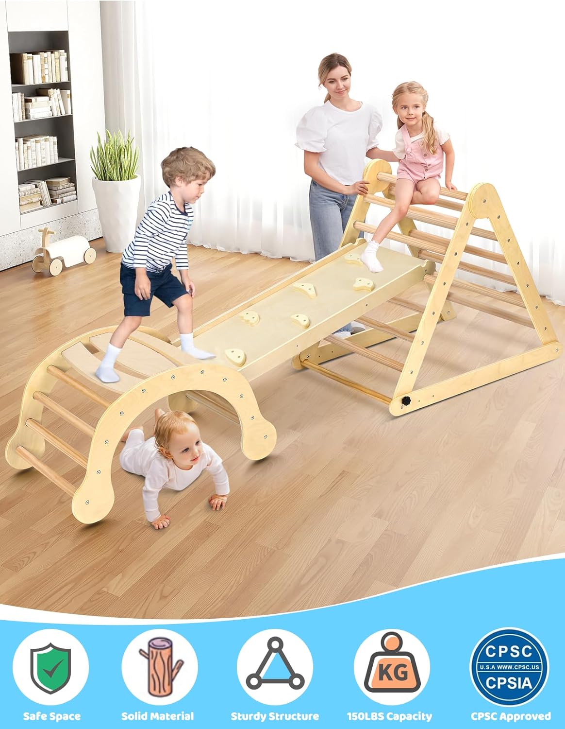 YOLEO 7 in 1 Large Pikler Wooden Montessori Climbing Triangle Set with Various Combinations