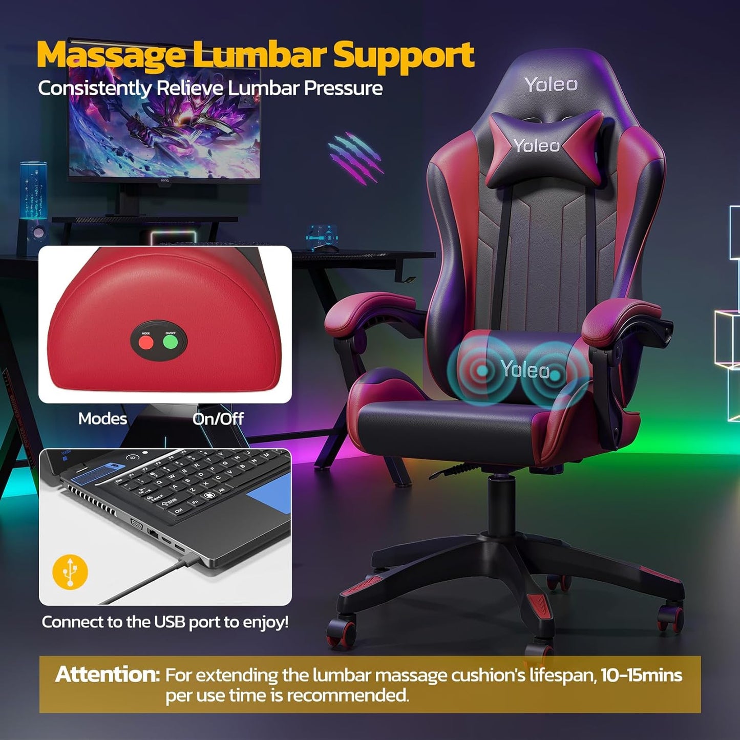 YOLEO Gaming Chair, Ergonomic Computer Chair with Massage Lumbar Support & Padded Armrest