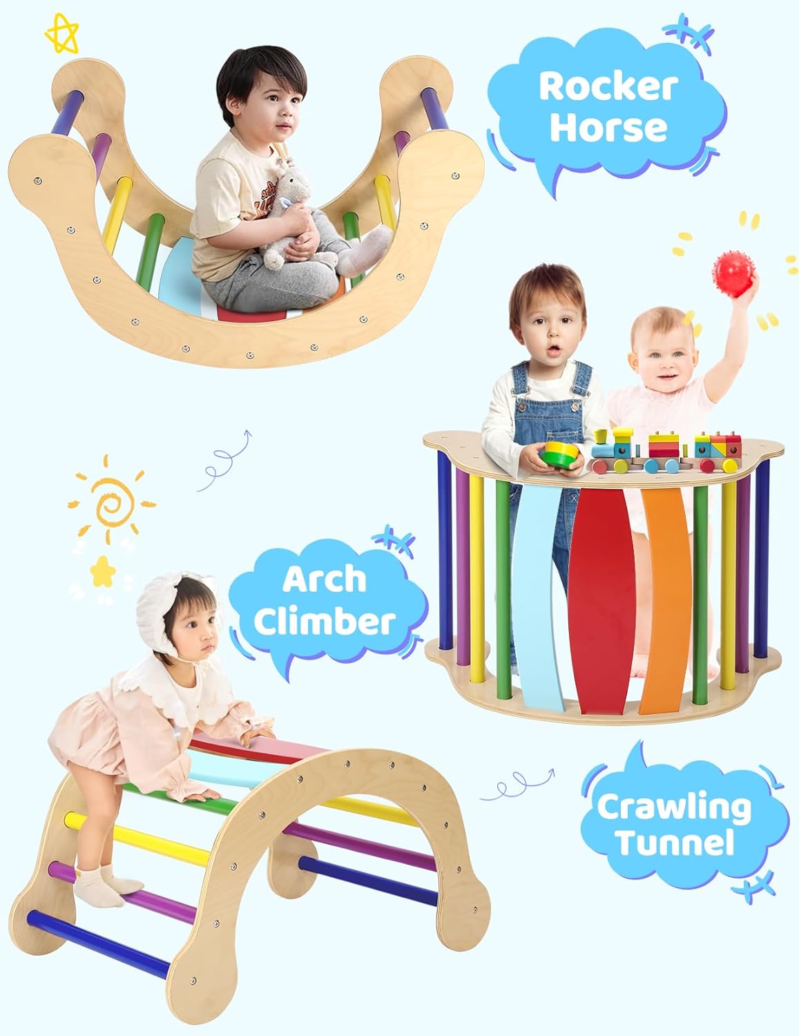 YOLEO 7 in 1 Large Pikler Wooden Montessori Climbing Triangle Set with Various Combinations