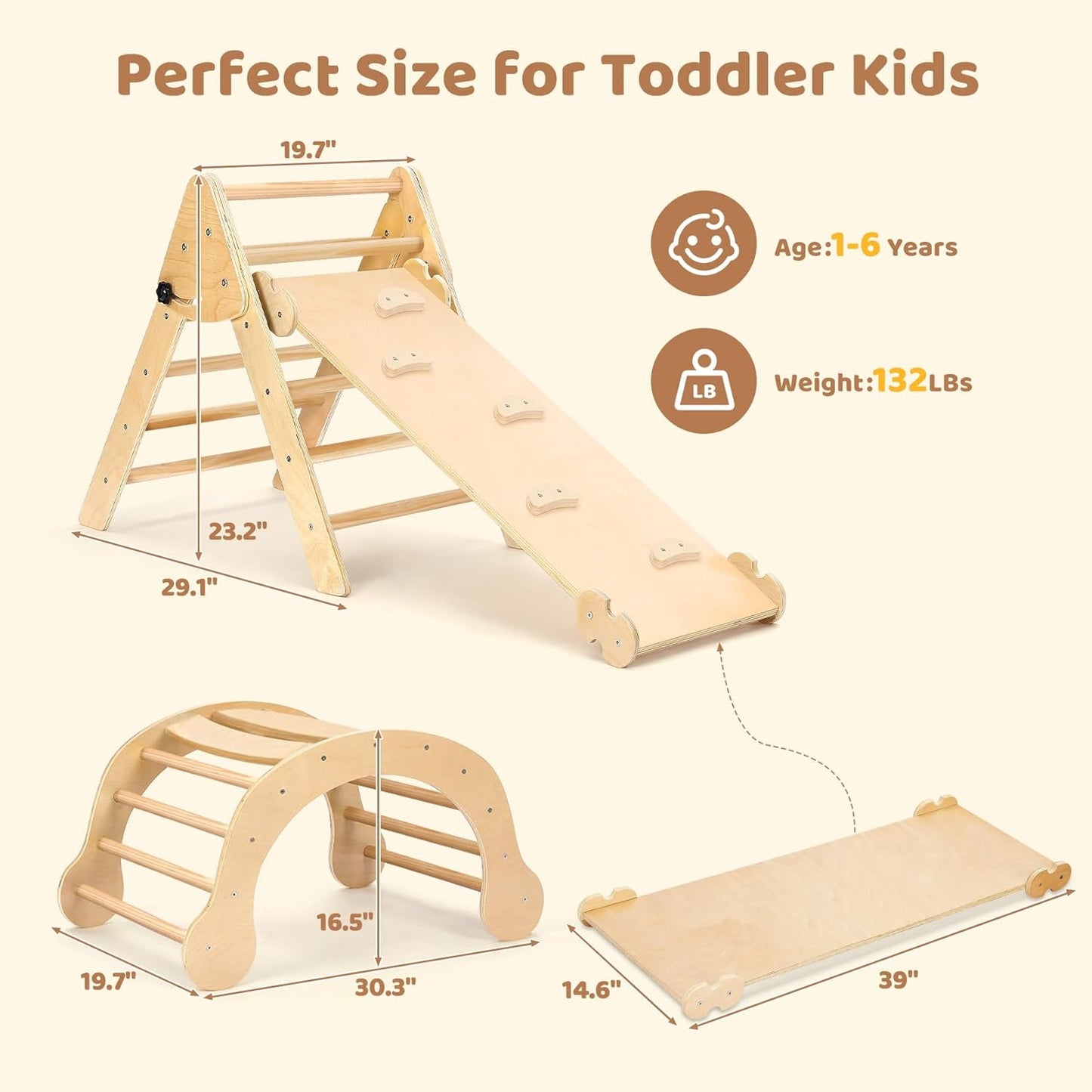 YOLEO 7 in 1 Large Pikler Wooden Montessori Climbing Triangle Set with Various Combinations