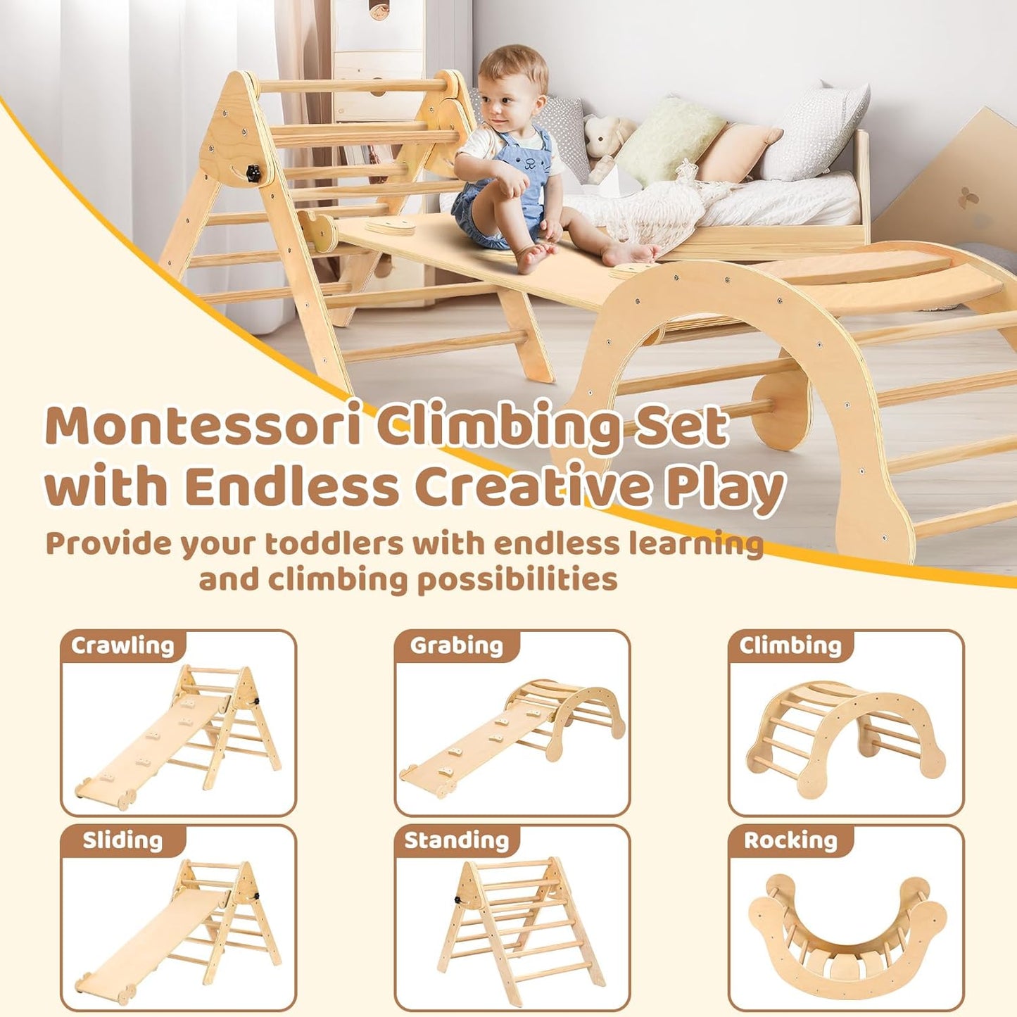 YOLEO 7 in 1 Large Pikler Wooden Montessori Climbing Triangle Set with Various Combinations
