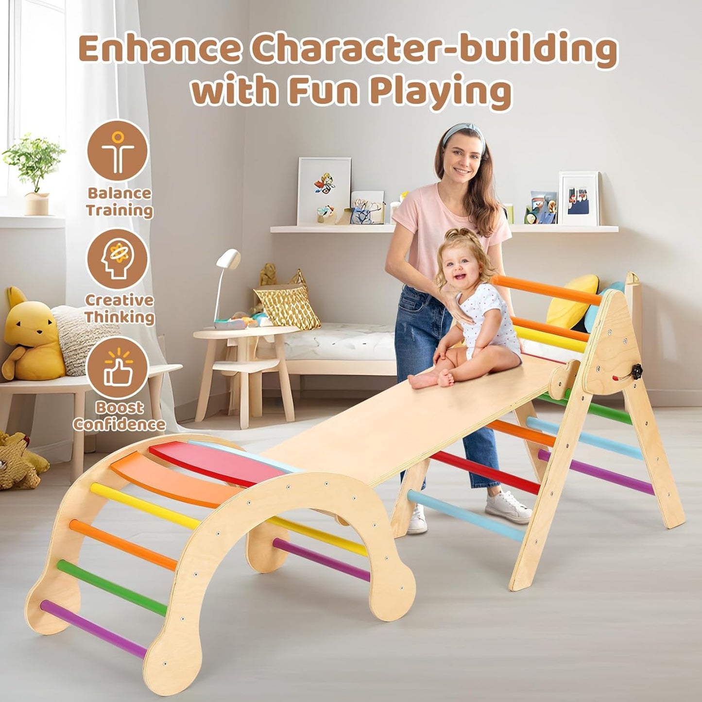 YOLEO 7 in 1 Large Pikler Wooden Montessori Climbing Triangle Set with Various Combinations
