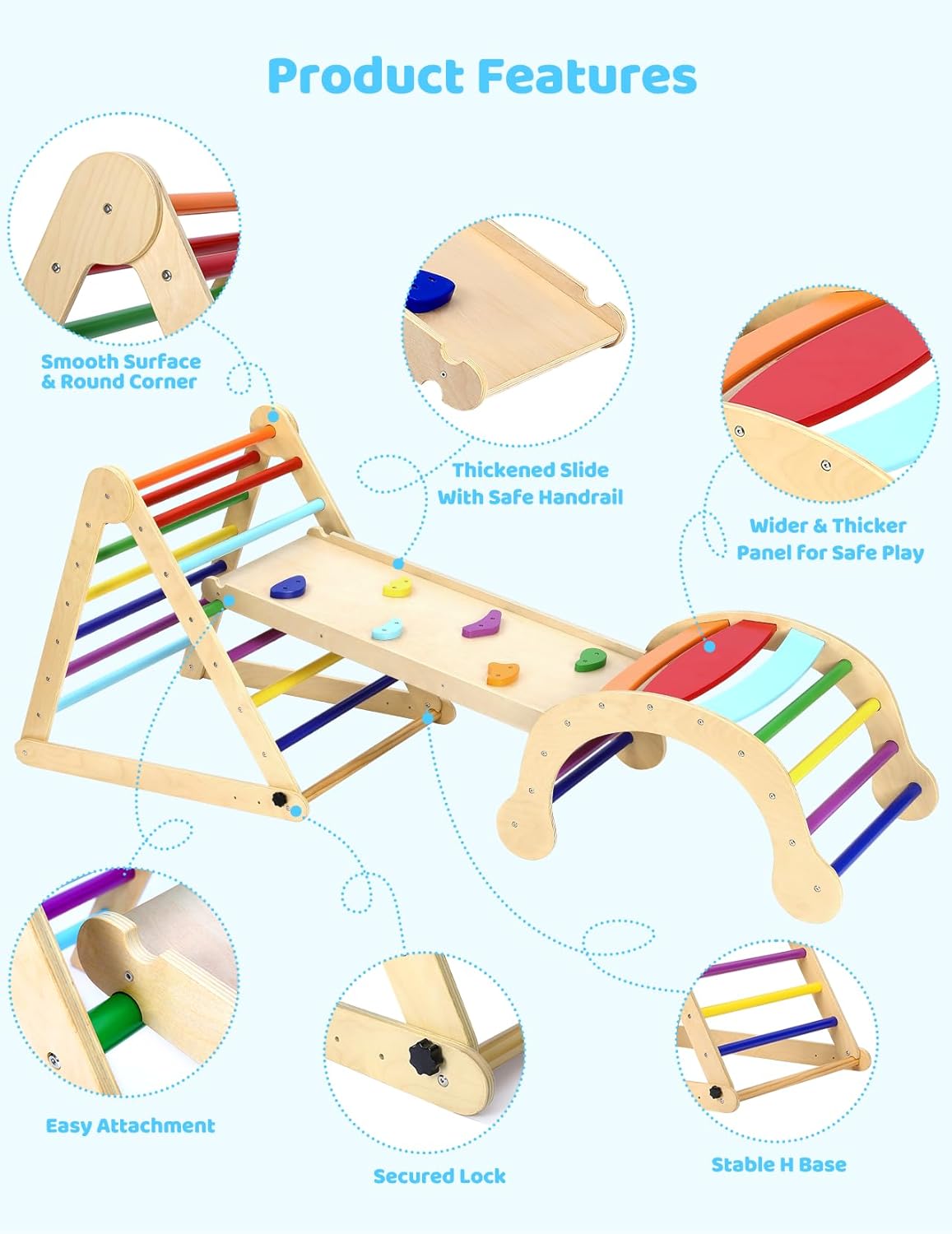 YOLEO 7 in 1 Large Pikler Wooden Montessori Climbing Triangle Set with Various Combinations