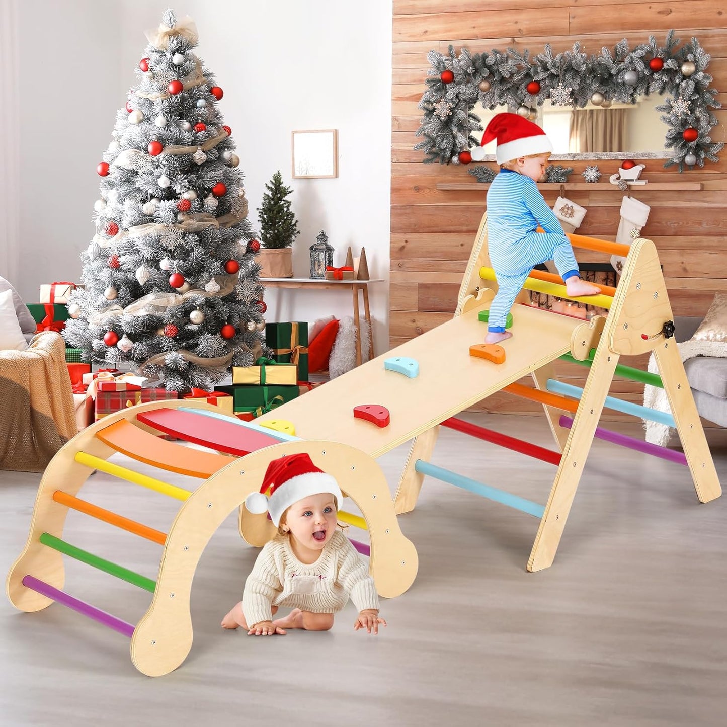YOLEO 7 in 1 Large Pikler Wooden Montessori Climbing Triangle Set with Various Combinations