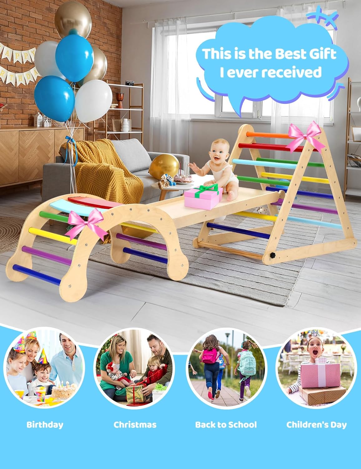 YOLEO 7 in 1 Large Pikler Wooden Montessori Climbing Triangle Set with Various Combinations