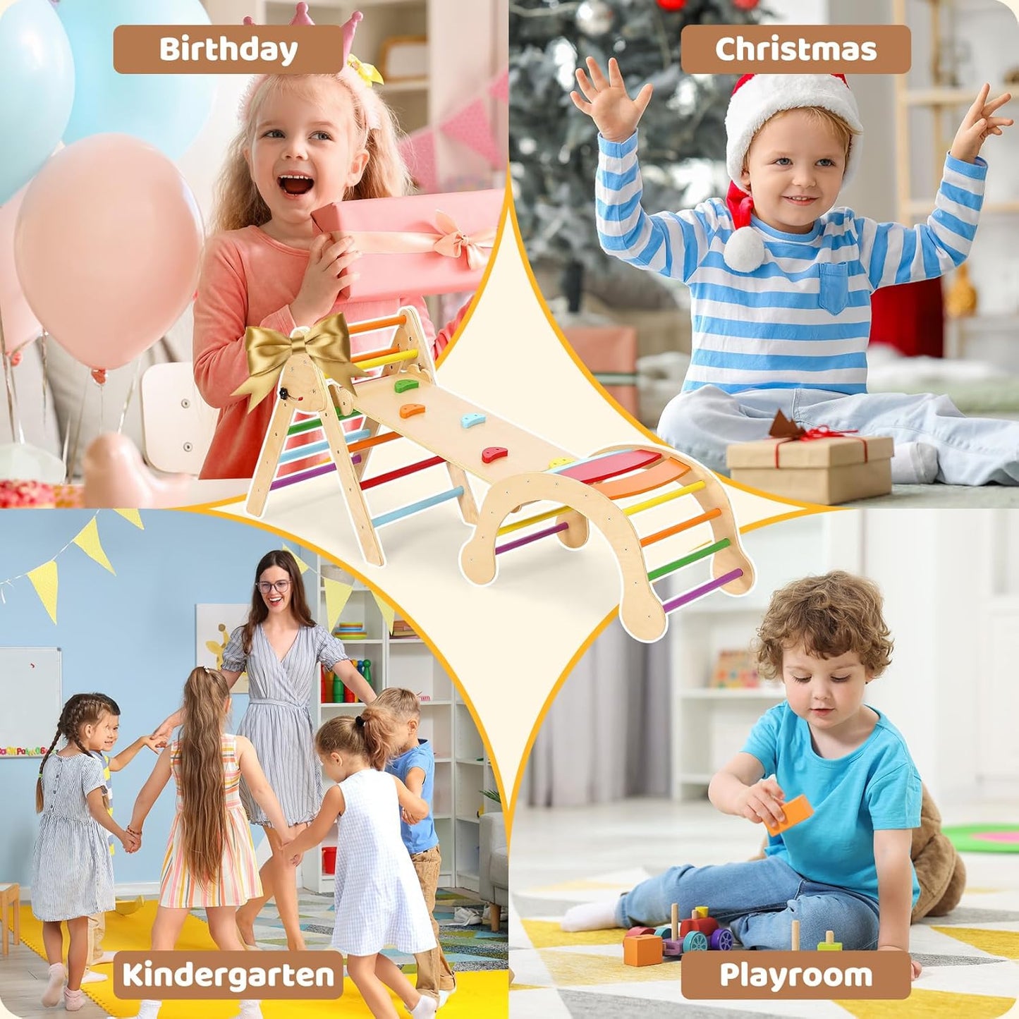 YOLEO 7 in 1 Large Pikler Wooden Montessori Climbing Triangle Set with Various Combinations