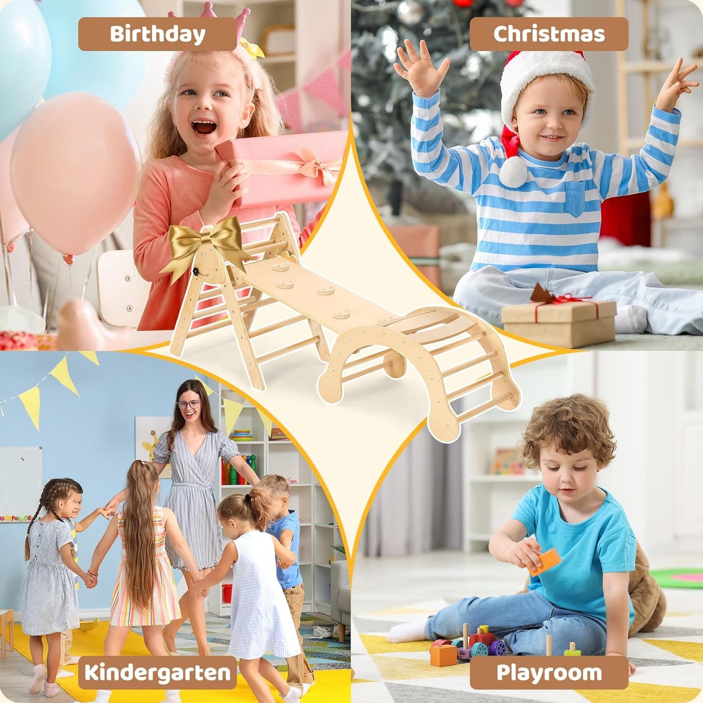 YOLEO 7 in 1 Large Pikler Wooden Montessori Climbing Triangle Set with Various Combinations