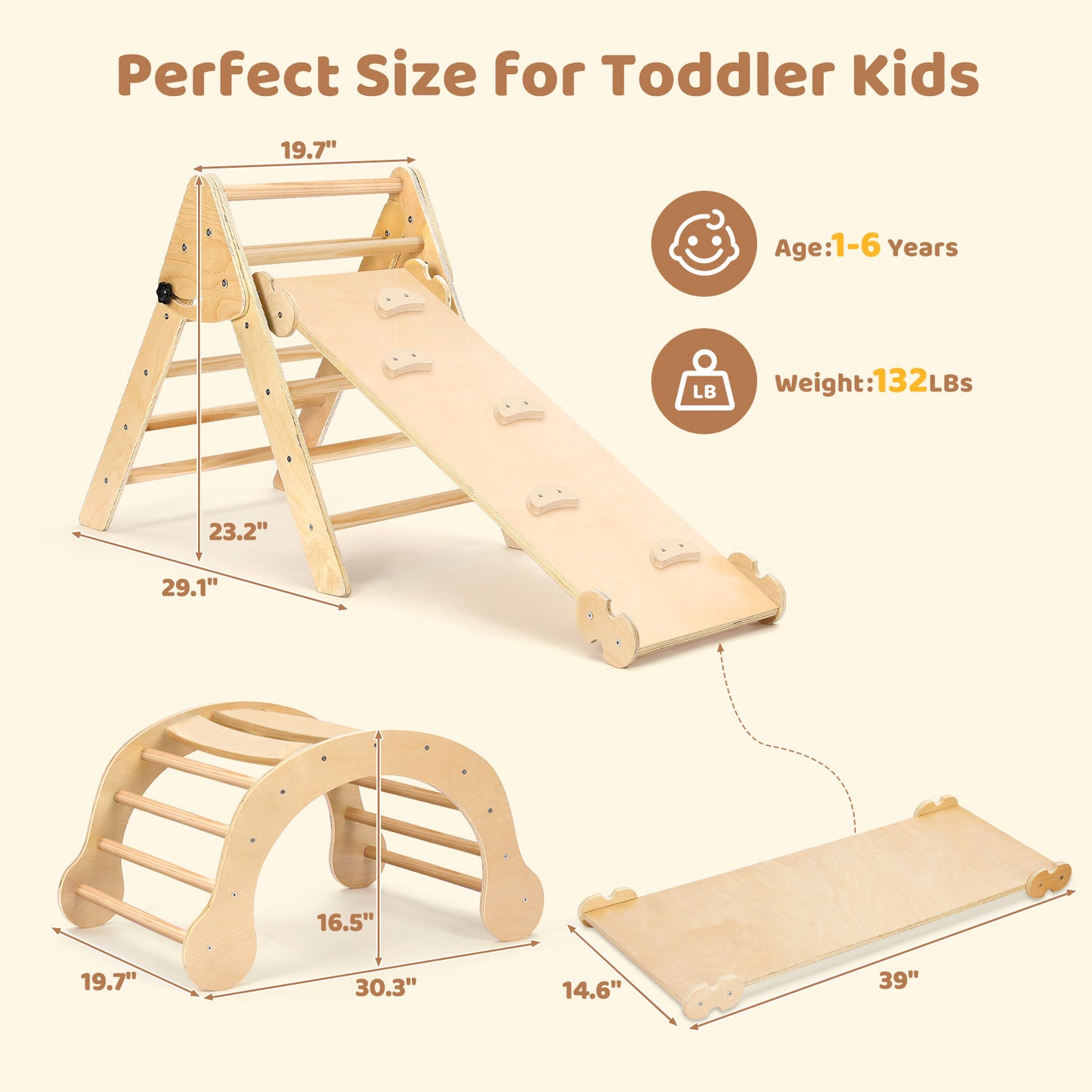 YOLEO Pikler Triangle Set Wooden Montessori Climbing Toys for Toddlers