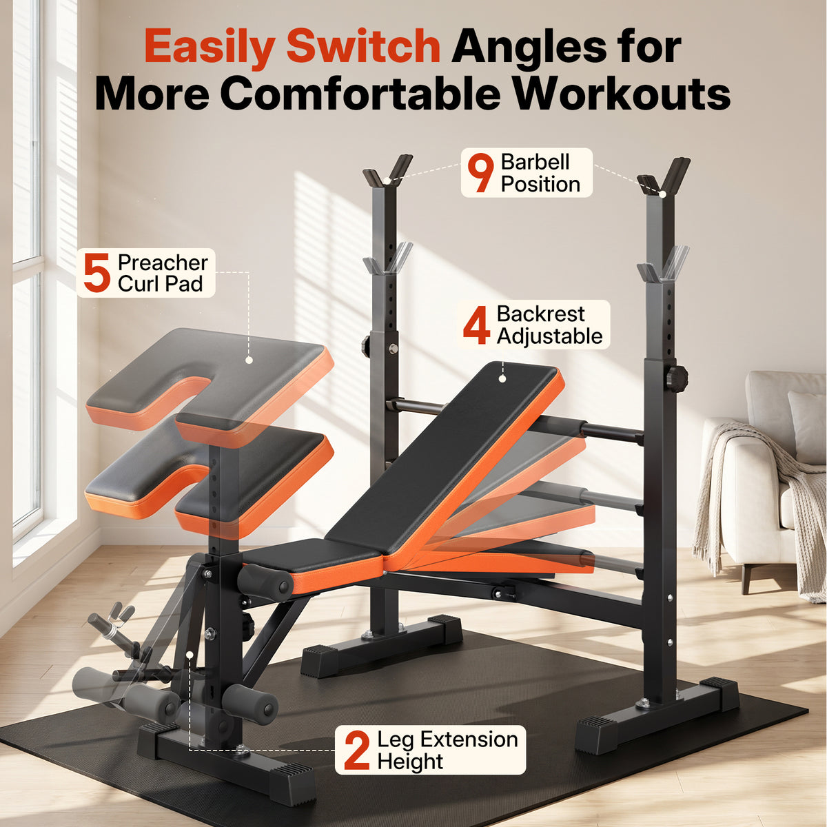 YOLEO 6 in 1 Adjustable & Foldable Weight Bench Set for Bench Press