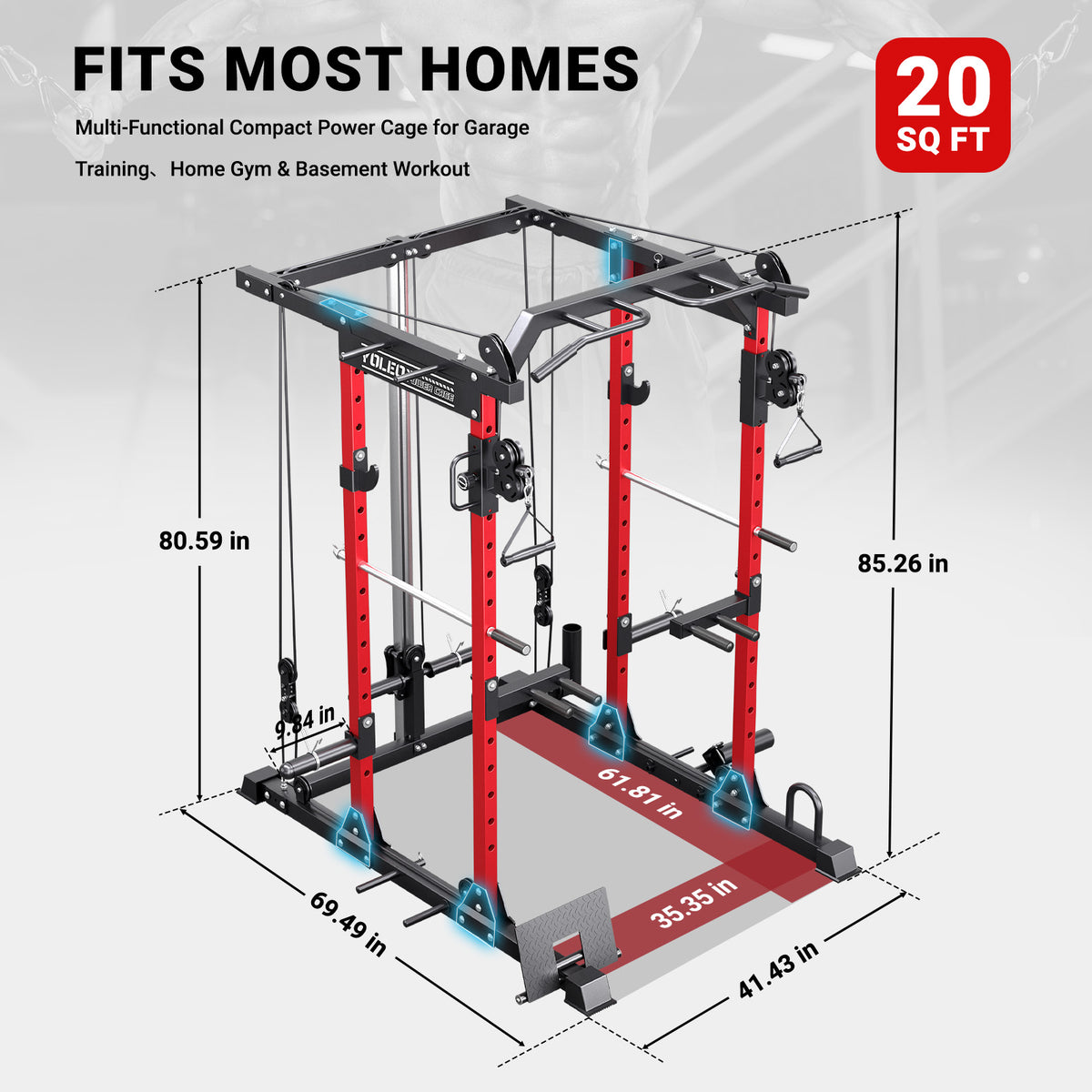 YOLEO Smooth Pulley System Power Cage, Adjustable Cable Crossover Power Rack, Multi-Functional Cable Machine for Home Gym