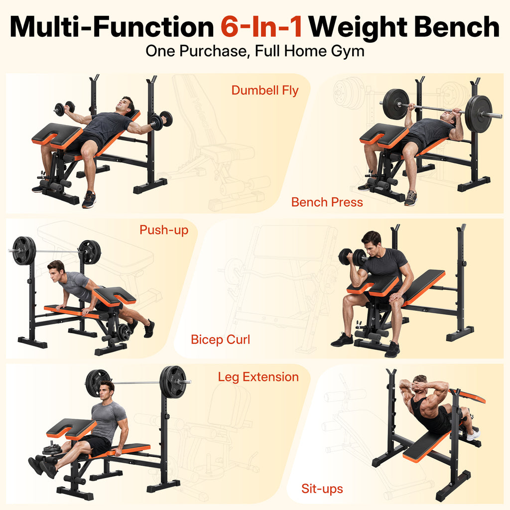 YOLEO 6 in 1 Adjustable & Foldable Weight Bench Set for Bench Press