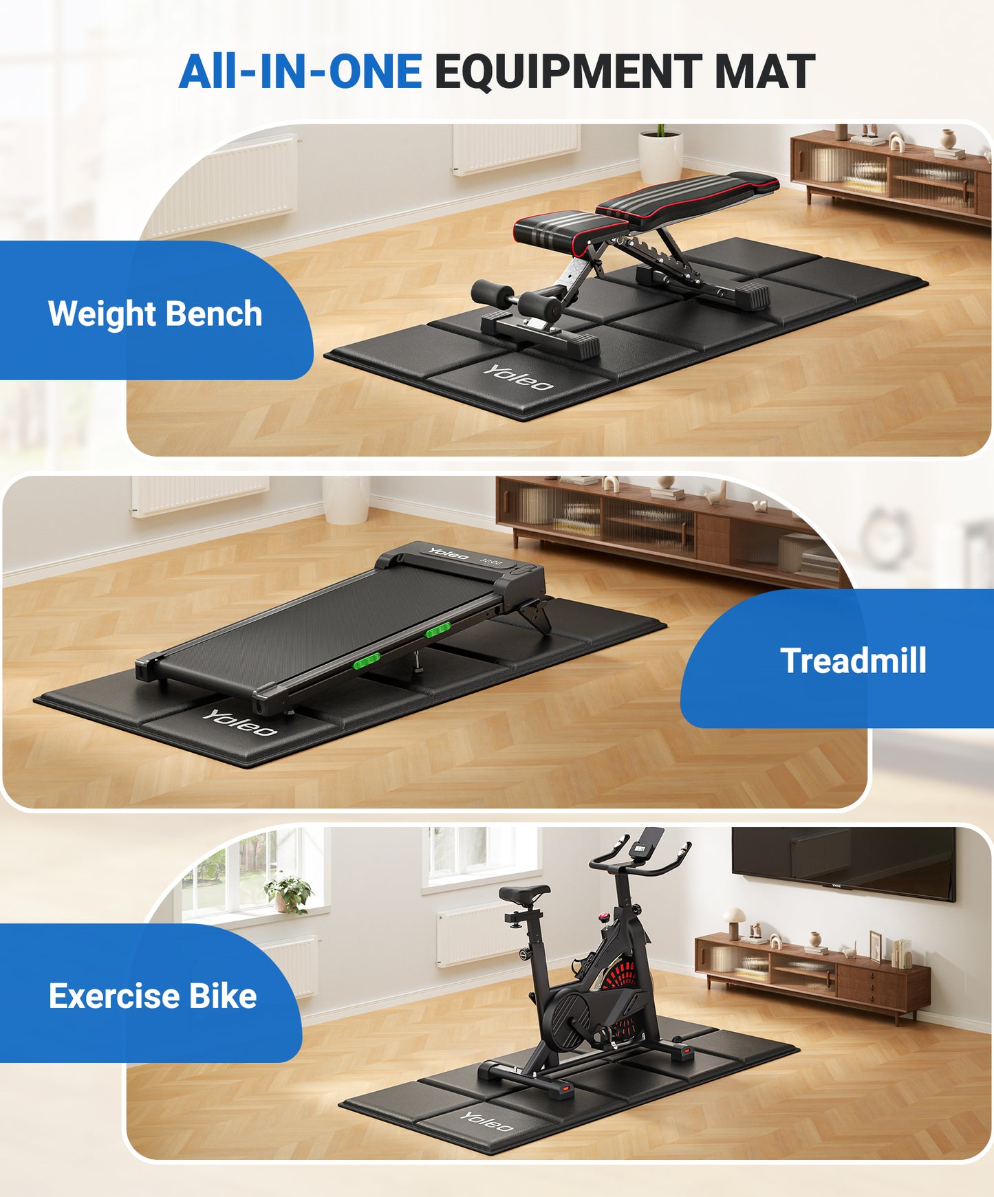 YOLEO Treadmill Mat Walking Pad Mat for Carpet, 63"x30" Foldable Exercise Equipment Mats - 1/4" Thick Non-Slip, Shock Absorbing, Hardwood Floor Protection for Exercise Bike/Weight Bench/Treadmill/Yoga