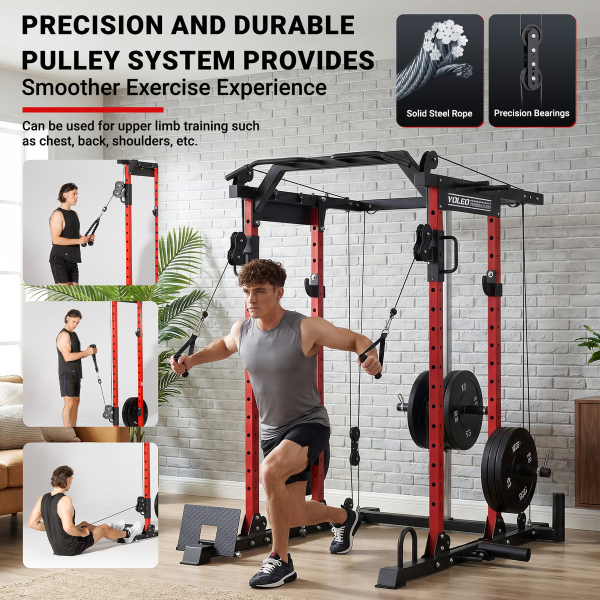 YOLEO Smooth Pulley System Power Cage, Adjustable Cable Crossover Power Rack, Multi-Functional Cable Machine for Home Gym