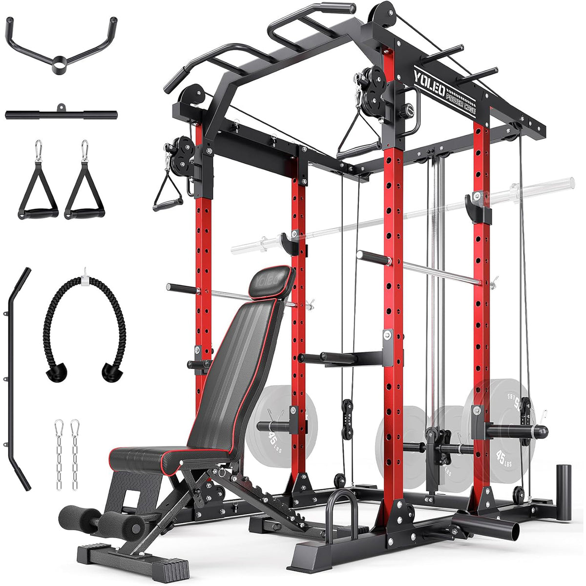 YOLEO Smooth Pulley System Power Cage, Adjustable Cable Crossover Power Rack, Multi-Functional Cable Machine for Home Gym