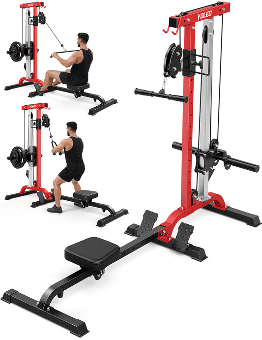YOLEO 2-in-1 Adjustable Rowing Cable Machine & LAT Pulldown Station for Home Gym, Foldable Space Saver with 6 Attachments, Supports 450 Lbs Weight Plates