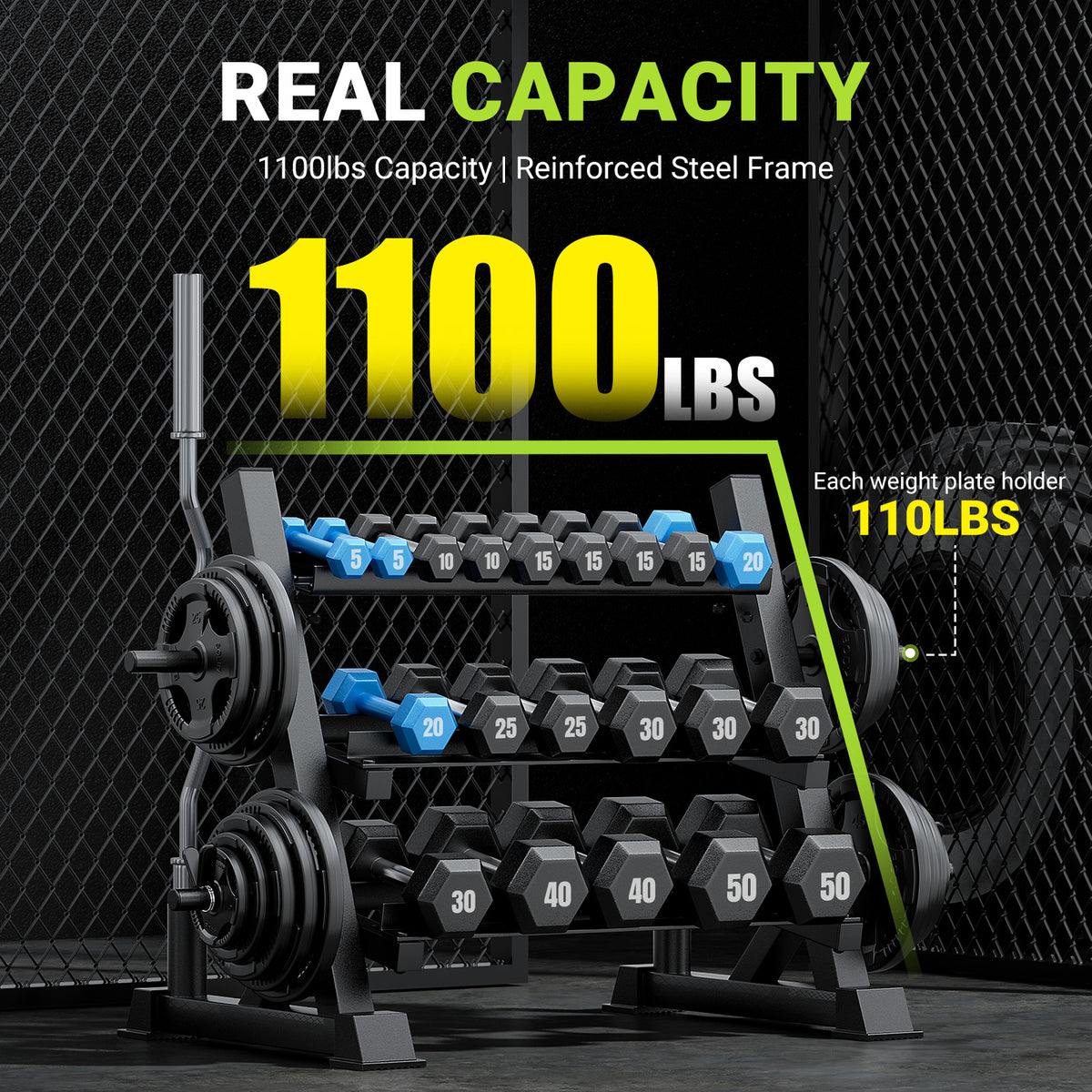 YOLEO Dumbbell Rack Stand Only, 1100LBS Heavy Duty Weight Rack for Home Gym, Adjustable 3-Tier Weight Storage Rack for Dumbbells, Barbells, Kettlebells & Weight Plates, Compact Workout Equipment Organizer