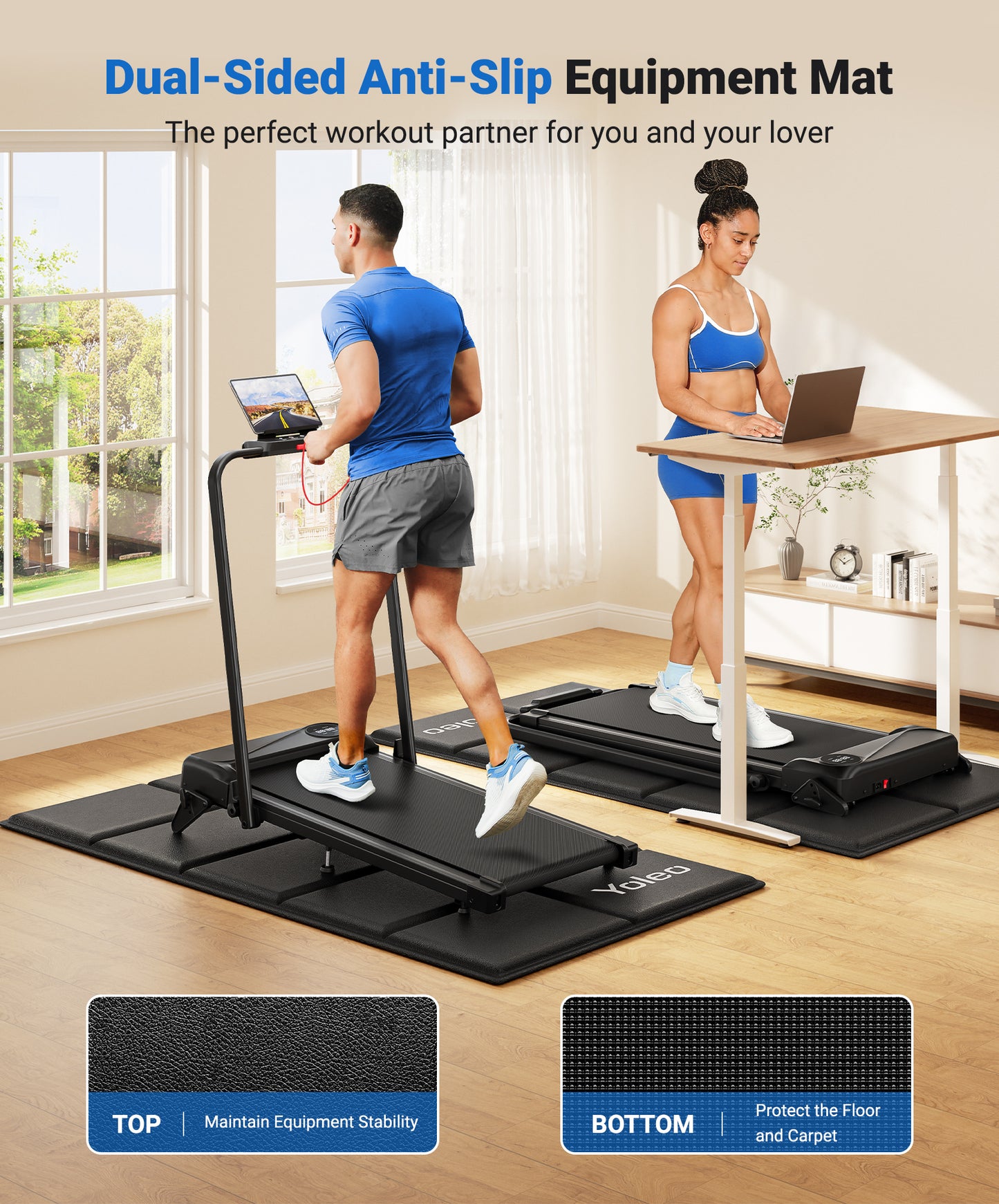 YOLEO Treadmill Mat Walking Pad Mat for Carpet, 63"x30" Foldable Exercise Equipment Mats - 1/4" Thick Non-Slip, Shock Absorbing, Hardwood Floor Protection for Exercise Bike/Weight Bench/Treadmill/Yoga