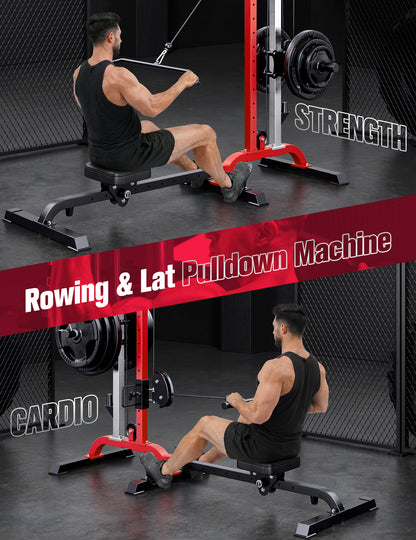 YOLEO 2-in-1 Adjustable Rowing Cable Machine & LAT Pulldown Station for Home Gym, Foldable Space Saver with 6 Attachments, Supports 450 Lbs Weight Plates
