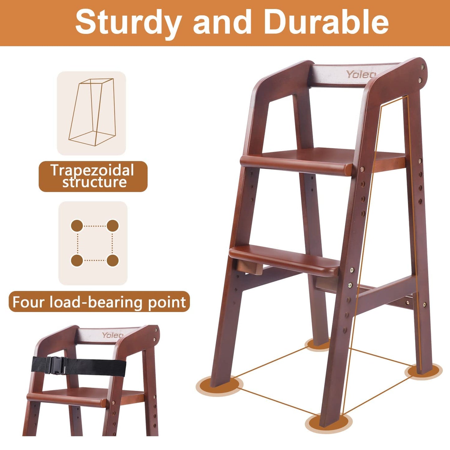 YOLEO Sturdy Durable High Chair Wooden with Steps Grows