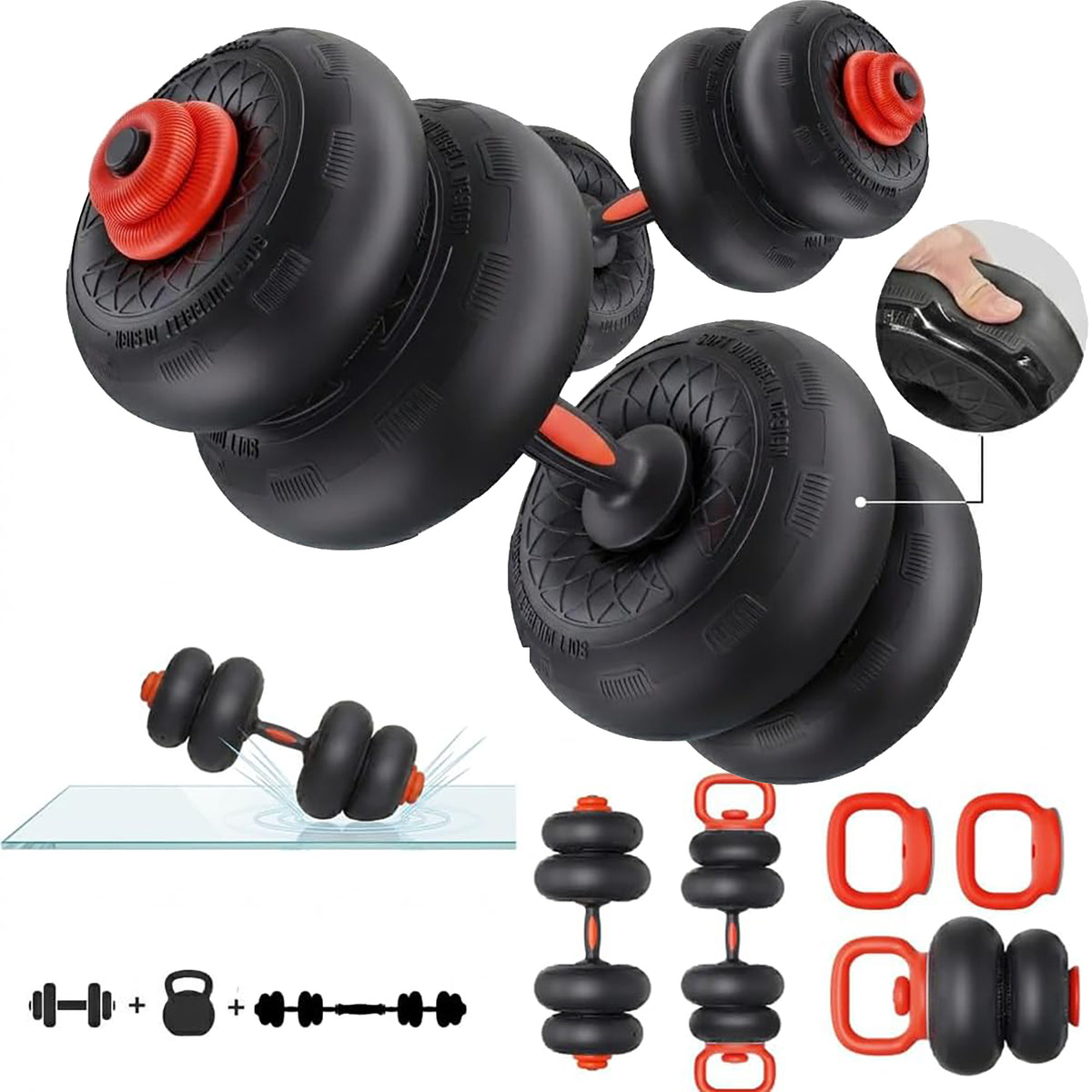 YOLEO Adjustable Dumbbell Set, Free Weight Set with Silent Anti-Collision Air Cushion with Connector, 5-in-1 Dumbbells Set 4-20KG Includes Barbell, Kettlebells, Push up Stand Men/Women Upgraded 2.0
