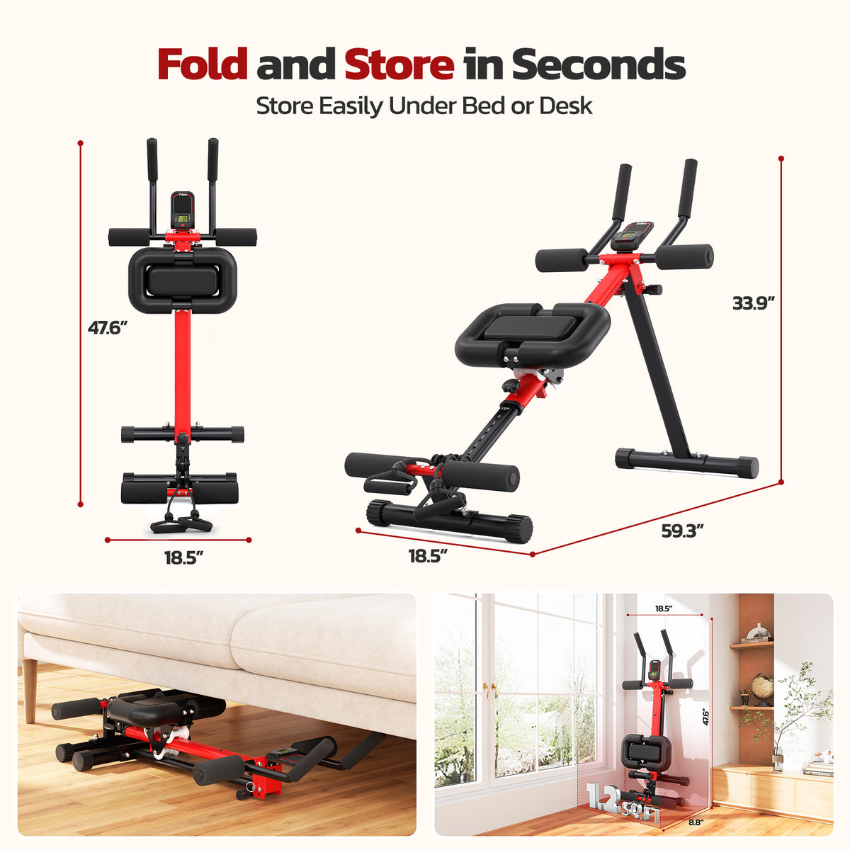 Yoleo 2 in 1 Ab & Rowing Machines for Home, Foldable Ab Workout Equipment, Ab Trainer Machine for Stomach Workout, Ab Crunch Machine with Foam Support,7-Length Adjustable Ab Machine for Home Exercise