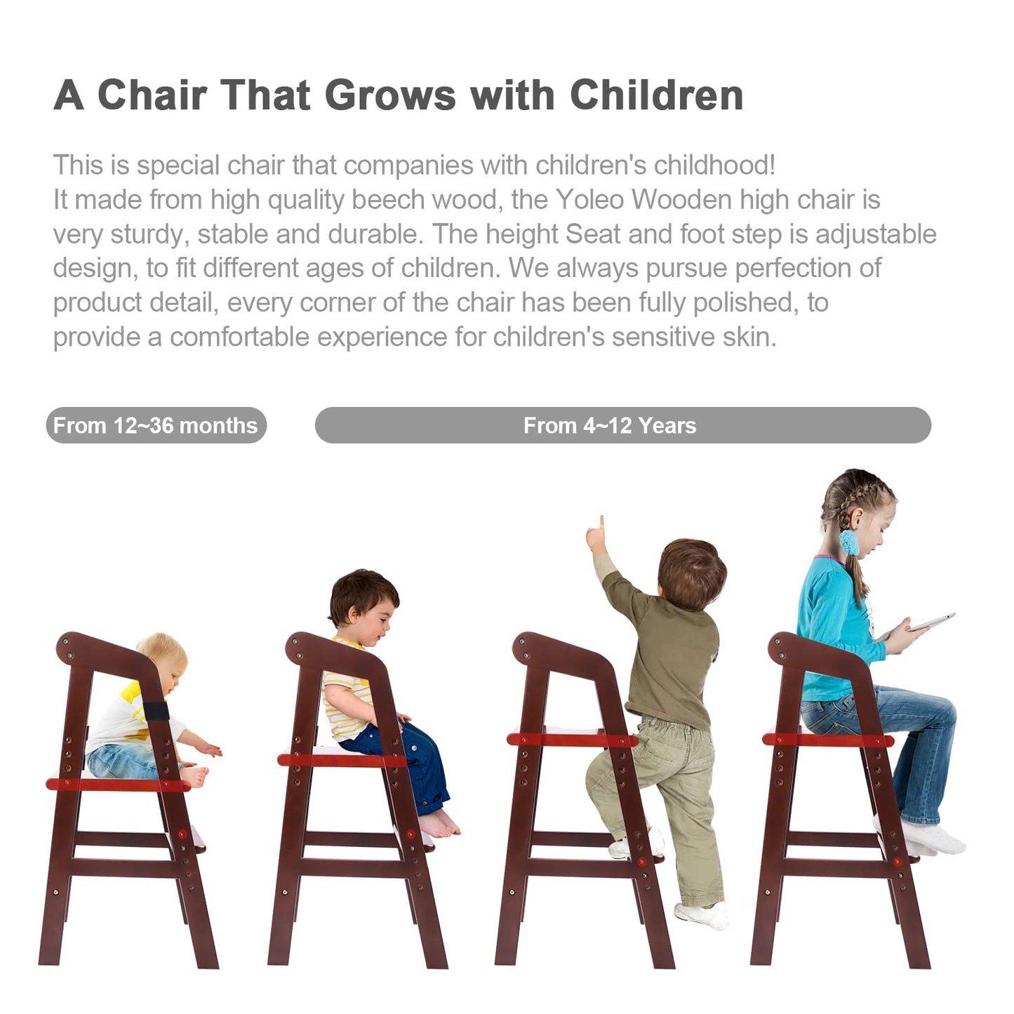 YOLEO Sturdy Durable High Chair Wooden with Steps Grows