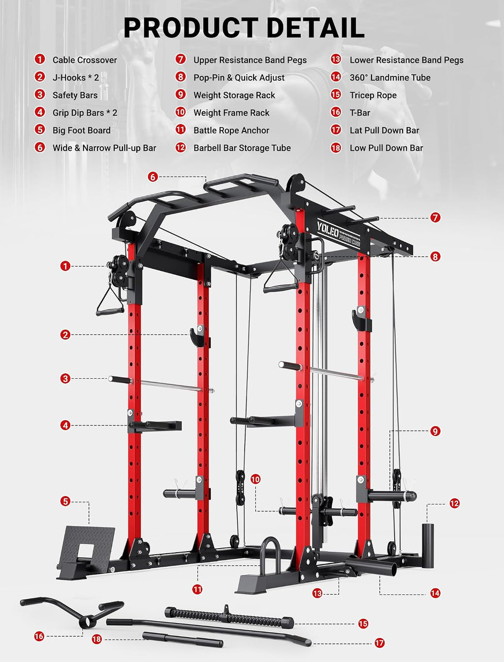 YOLEO Smooth Pulley System Power Cage, Adjustable Cable Crossover Power Rack, Multi-Functional Cable Machine for Home Gym