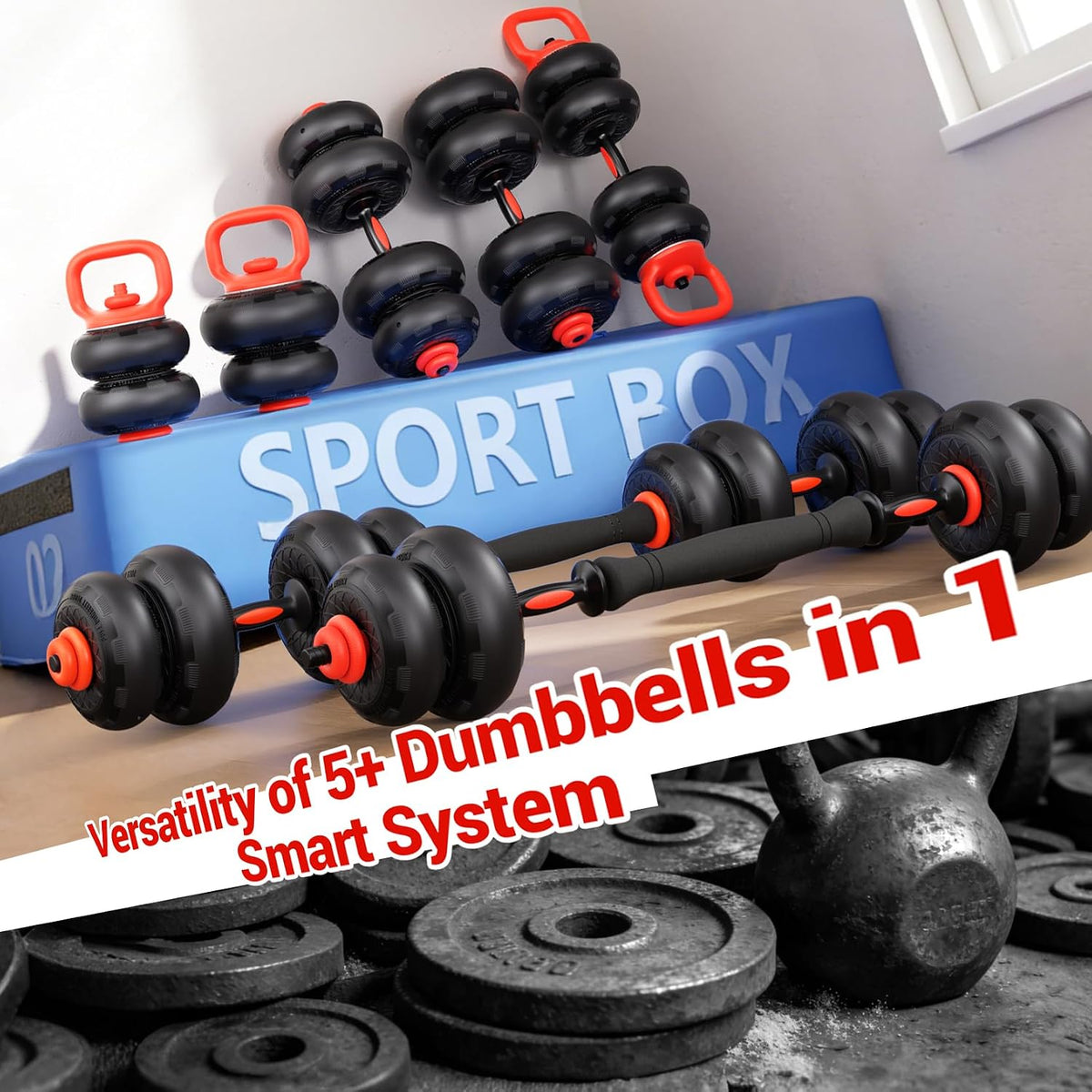 YOLEO Adjustable Dumbbell Set, Free Weight Set with Silent Anti-Collision Air Cushion with Connector, 5-in-1 Dumbbells Set 4-20KG Includes Barbell, Kettlebells, Push up Stand Men/Women Upgraded 2.0