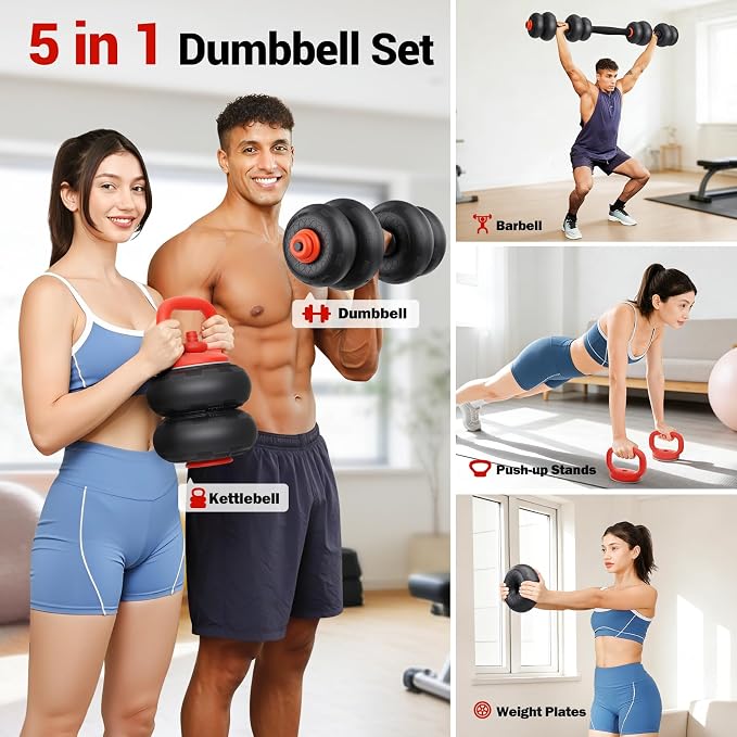 YOLEO Adjustable Dumbbell Set, Free Weight Set with Silent Anti-Collision Air Cushion with Connector, 5-in-1 Dumbbells Set 4-20KG Includes Barbell, Kettlebells, Push up Stand Men/Women Upgraded 2.0