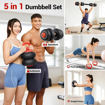 YOLEO Adjustable Dumbbell Set, Free Weight Set with Silent Anti-Collision Air Cushion with Connector, 5-in-1 Dumbbells Set 4-20KG Includes Barbell, Kettlebells, Push up Stand Men/Women Upgraded 2.0
