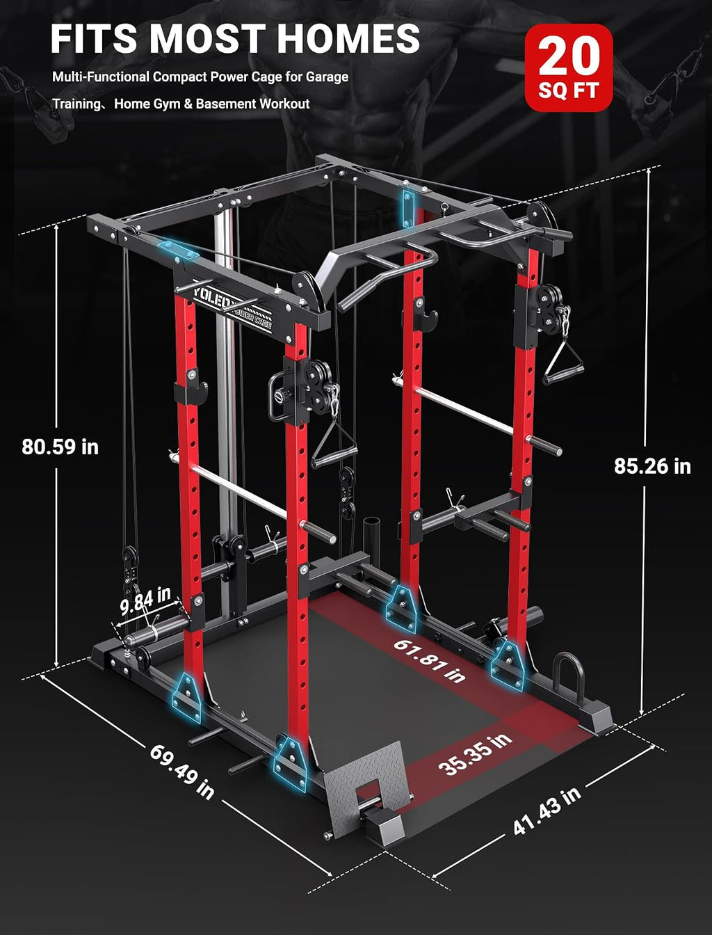 YOLEO Smooth Pulley System Power Cage, Adjustable Cable Crossover Power Rack, Multi-Functional Cable Machine for Home Gym