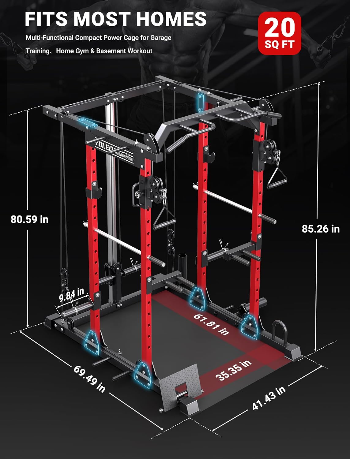 YOLEO Smooth Pulley System Power Cage, Adjustable Cable Crossover Power Rack, Multi-Functional Cable Machine for Home Gym