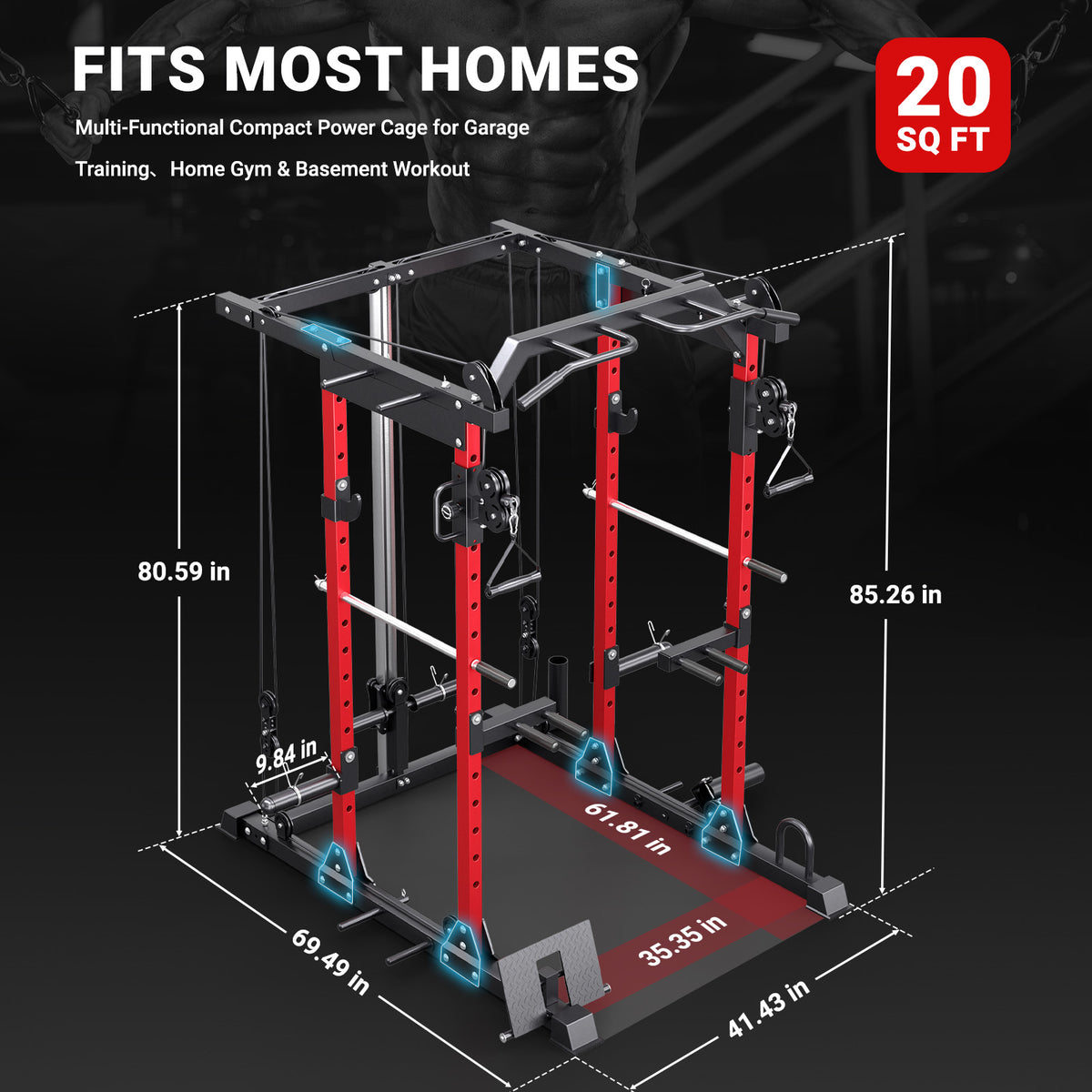 YOLEO Smooth Pulley System Power Cage, Adjustable Cable Crossover Power Rack, Multi-Functional Cable Machine for Home Gym