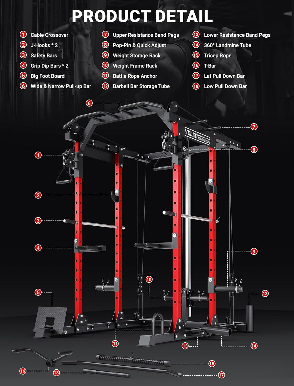 YOLEO Smooth Pulley System Power Cage, Adjustable Cable Crossover Power Rack, Multi-Functional Cable Machine for Home Gym