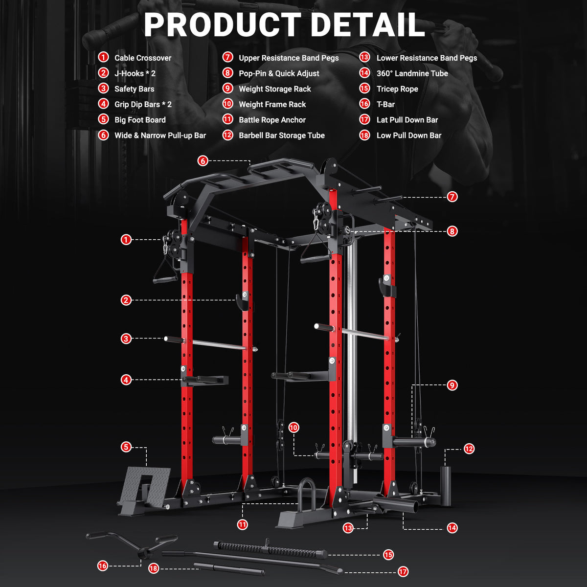 YOLEO Smooth Pulley System Power Cage, Adjustable Cable Crossover Power Rack, Multi-Functional Cable Machine for Home Gym